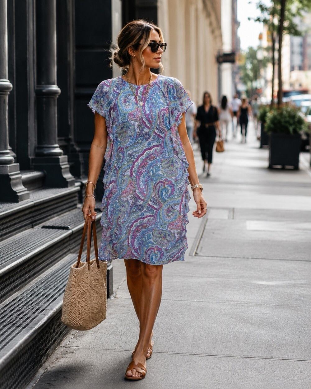 Lauren Ralph Lauren Purple Blue Paisley Ruffle Midi Dress Flutter Sleeve Sz 8